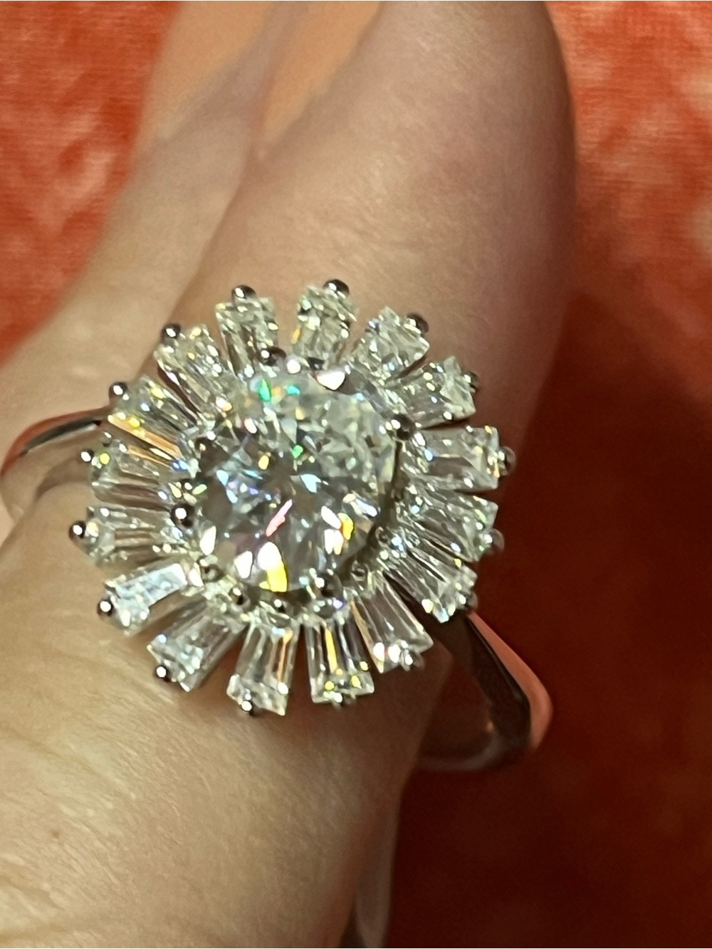 Moissanite Starburst Halo Statement Ring in 925 SS; 3ctw; Sz8 STUNNING